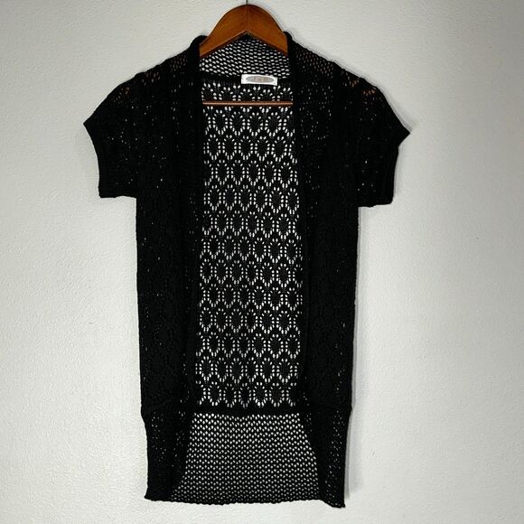 J & R Womens Cardigan Medium Sweater Black Knit Crochet Open Front - Picture 1 of 6